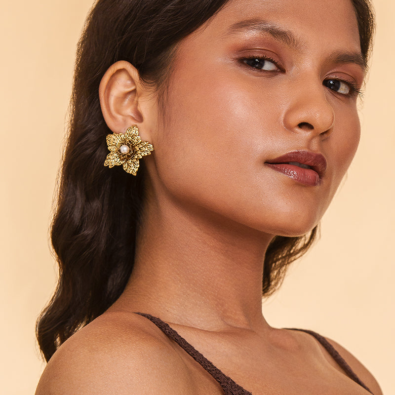 Model Wearing Deepa By Deepa Gurnani Juno Earrings Gold Color