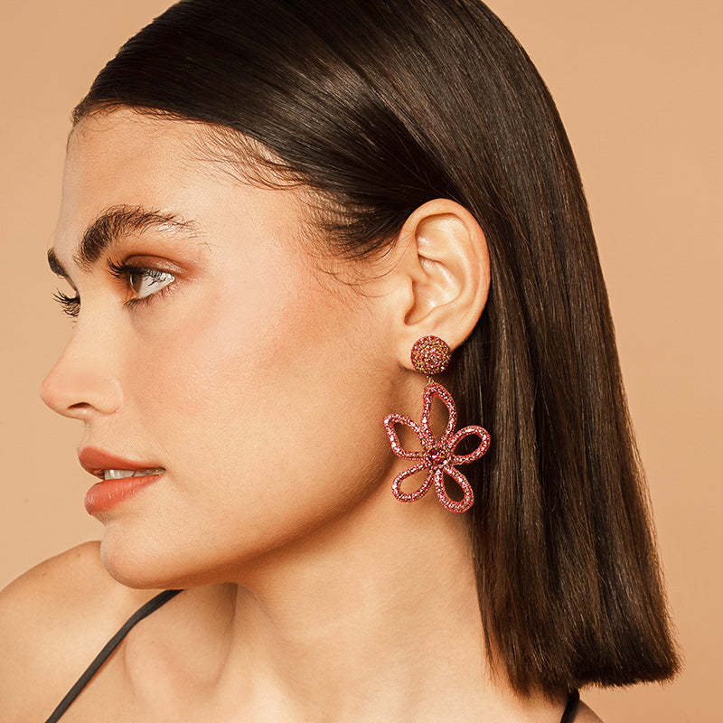 Model Wearing Deepa by Deepa Gurnani Handmade Fiorella Earrings In Fuchsia Color