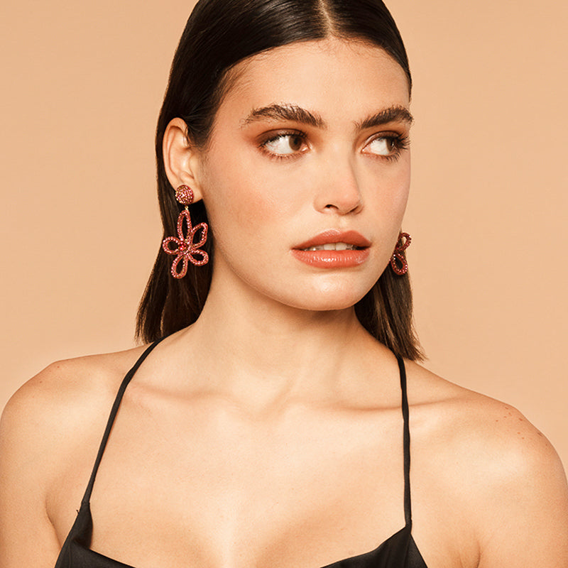 Model Wearing Deepa by Deepa Gurnani Handmade Fiorella Earrings In Fuchsia Color
