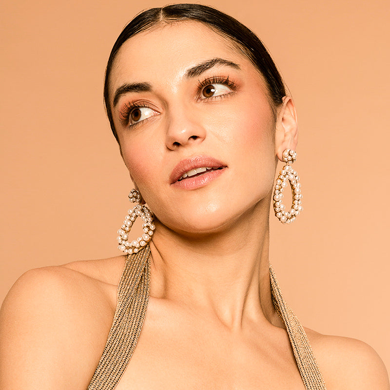 Model Wearing Deepa by Deepa Gurnani Handmade Manon Earrings In Gold Color