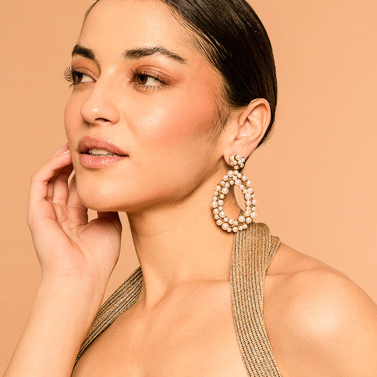 Model Wearing Deepa by Deepa Gurnani Handmade Manon Earrings In Gold Color