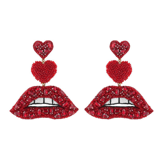 Handmade Luscious crystal red lip earrings by Deepa Gurnani